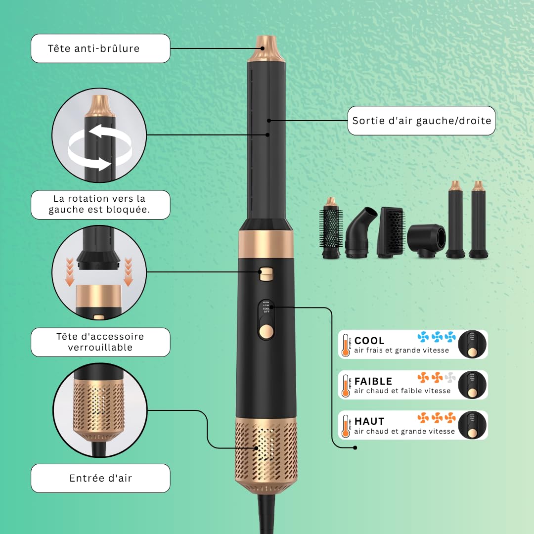 Brosse soufflante 6 en 1, Hair Styler 1000W Sèche Cheveux Multifonction, Brosse coiffante et lissante, volumisante, Air Boucleur, Gant inclus, Technologie Ionique, Cadeau Femme