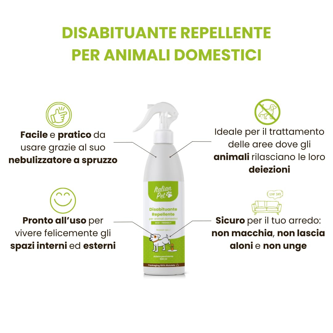 Italian Pet Eco Disabituante per Gatti, Cani, Animali Domestici - Repellente Pipì da Esterno e Interno - Dissuasore Naturale Urine Pronto Uso - Innocuo per Salute - Flacone plastica 100% riciclata