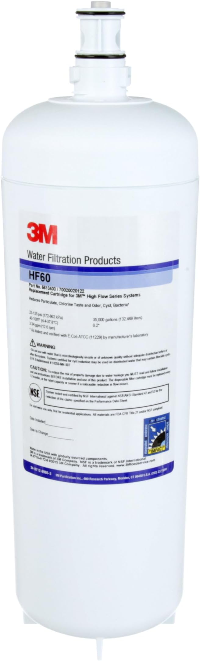 3M Water Filtration Products Filter Cartridge, Model HF60, 35000 Gallon Capacity, 3.4 gpm Flow Rate, 0.2 Micron
