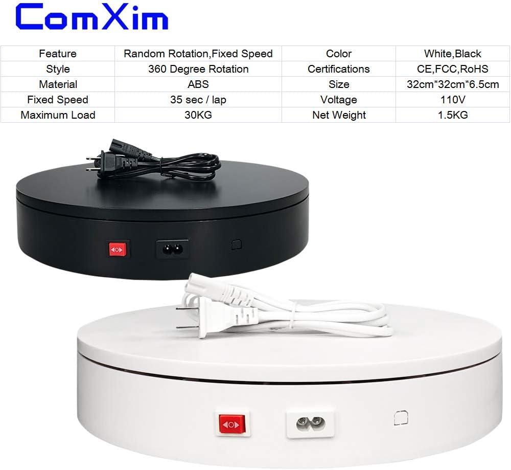 40% Off Discount ComXim 110V Electric Rotating Turntable,12.59in(32cm) Diameter,Rotating by Random Direction, Applied to Product Photography, Still Life Photography, Product Display,Cake Display (White)