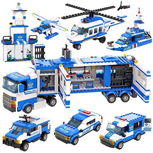 City Police, 1039 Pieces City Police Station Building Set, 8 in 1 Mobile Command Center Building Toy with Cop Car, Helicopter, Boat, Best Learning Roleplay STEM Toy Gifts for Boys and Girls Age 6-12