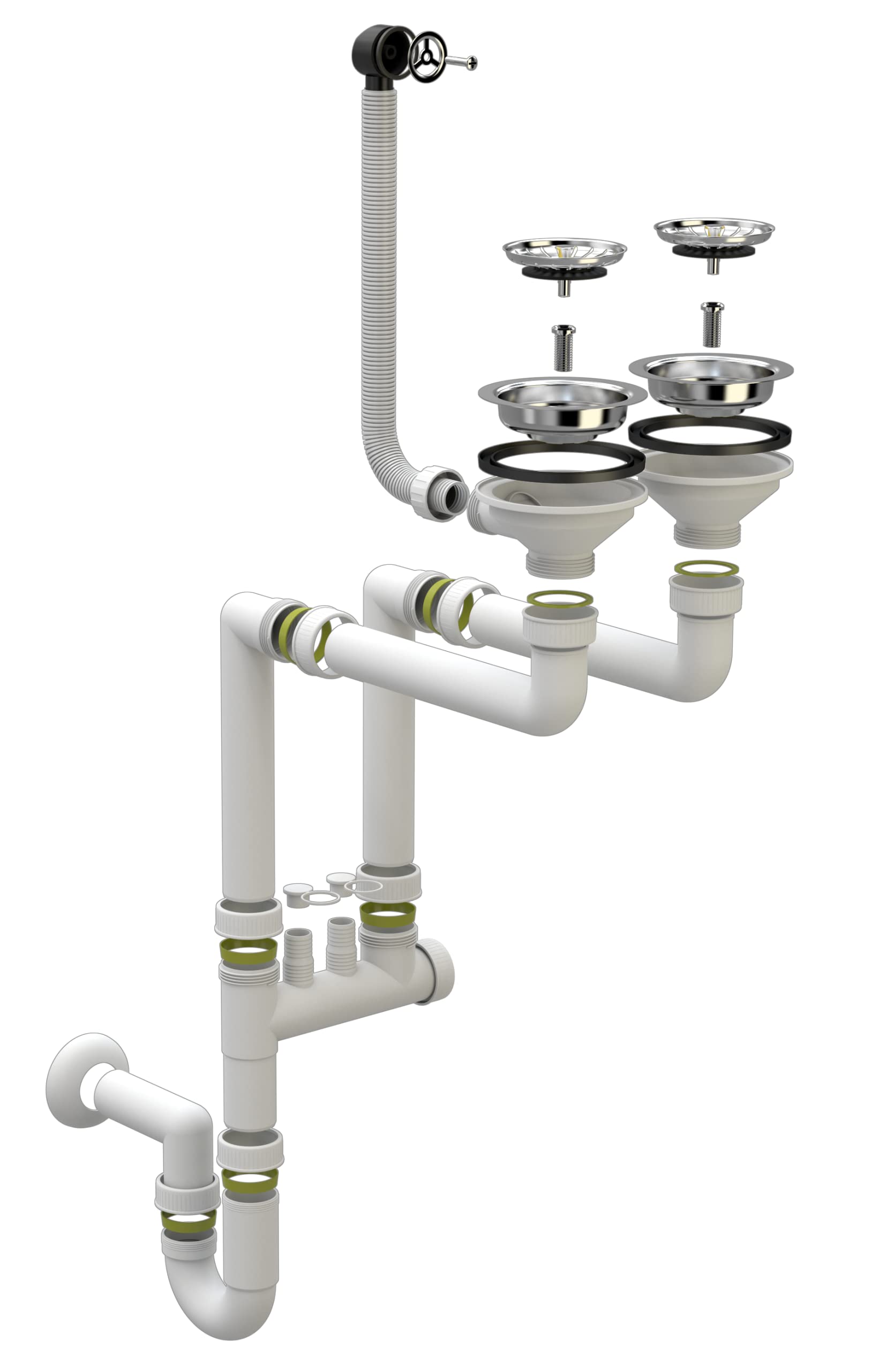 Scarico Lavandino Cucina - Sifone Lavandino - Sifone Lavello Cucina con Attacco per Lavastoviglie - Scarichi 115 mm (3 1/2) - Scarico per 2 vasche - Bianco/Cromo - Classico - Granitan | Set con attacco per lavastoviglie, ø 115 mm, scarico per 2 vasche, cr