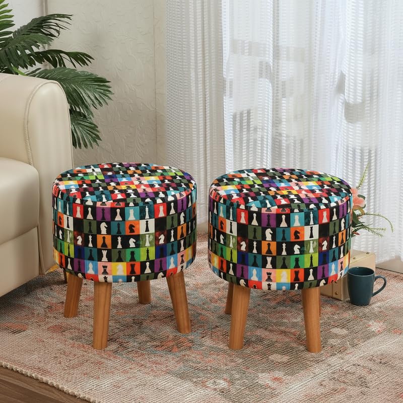 Image of NACIA Printed Ottoman Stool Set of 2 | Soft Cushioned Velvet Pouf Footrest with Wooden Legs | Decorative Seating Stool for Bedroom Living Room Home & Office (16x16x17 Inch, Multi Chess)