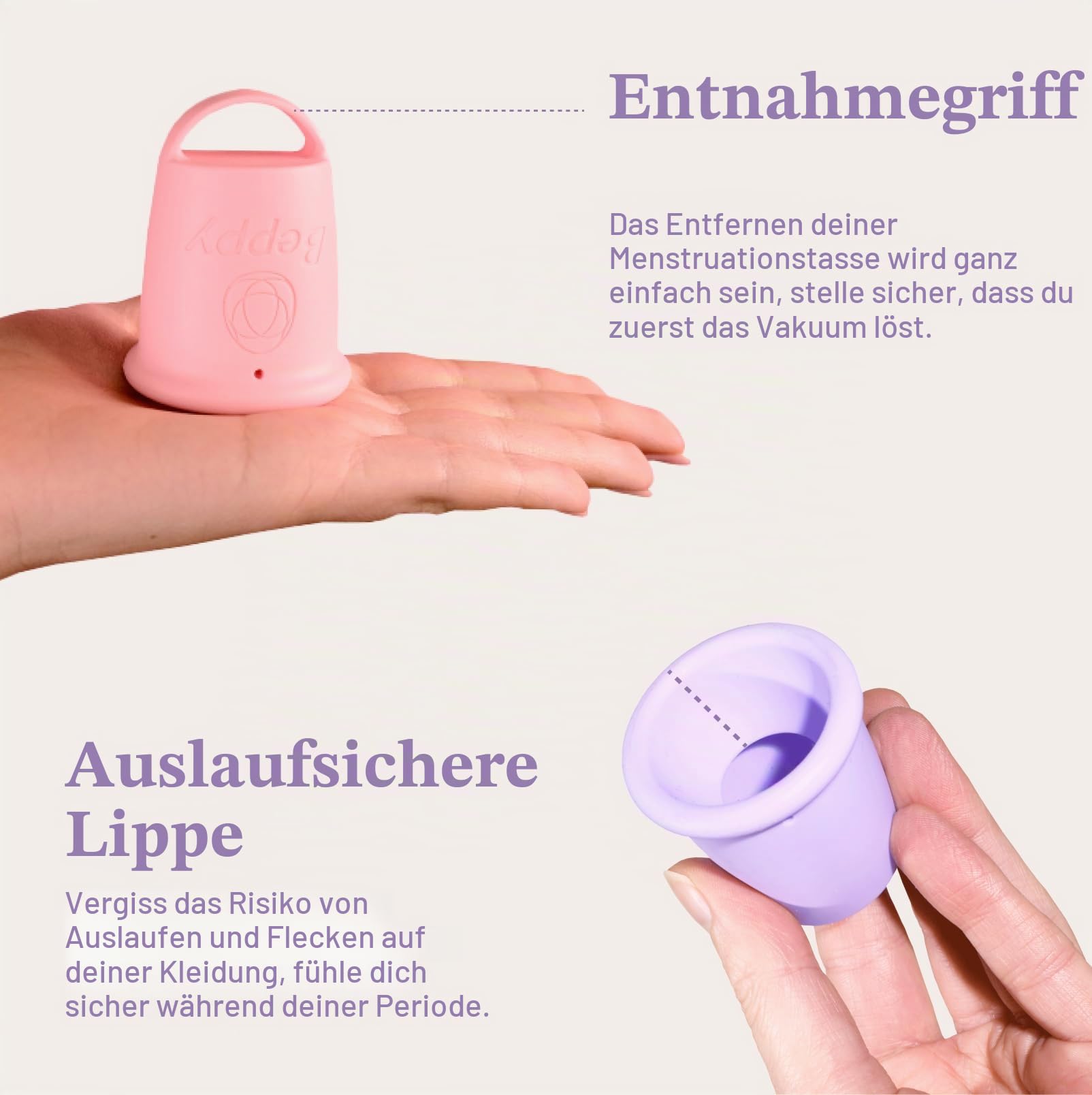 Beppy Cups COTTON CANDY (Rosa/Lila) 2 Menstruationstassen ohne Stiel, mit Auslaufschutz - hypoallergen & latexfrei - für mehr Freiheiten während der Periode (Liebe, Sauna, Sport, Schwimmen)