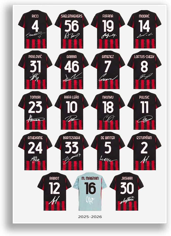 Formato A4 (12 x 8) LJW Prints Poster della squadra di calcio 2025-2026, formato A4, stampa artistica da parete, regalo per tifosi e tifosi del Milan