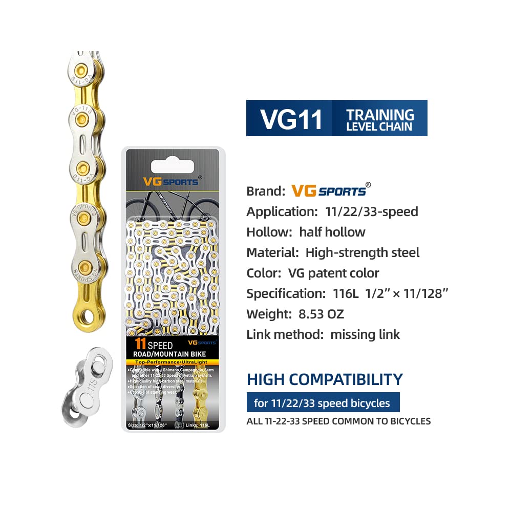 VG SPORTS Cadenas de bicicleta de 6/7/8/9/10/11/12 velocidades, medio huecas/completas, ligeras, para bicicleta de carretera, MTB/BMX, plata, oro, titanio, arco iris