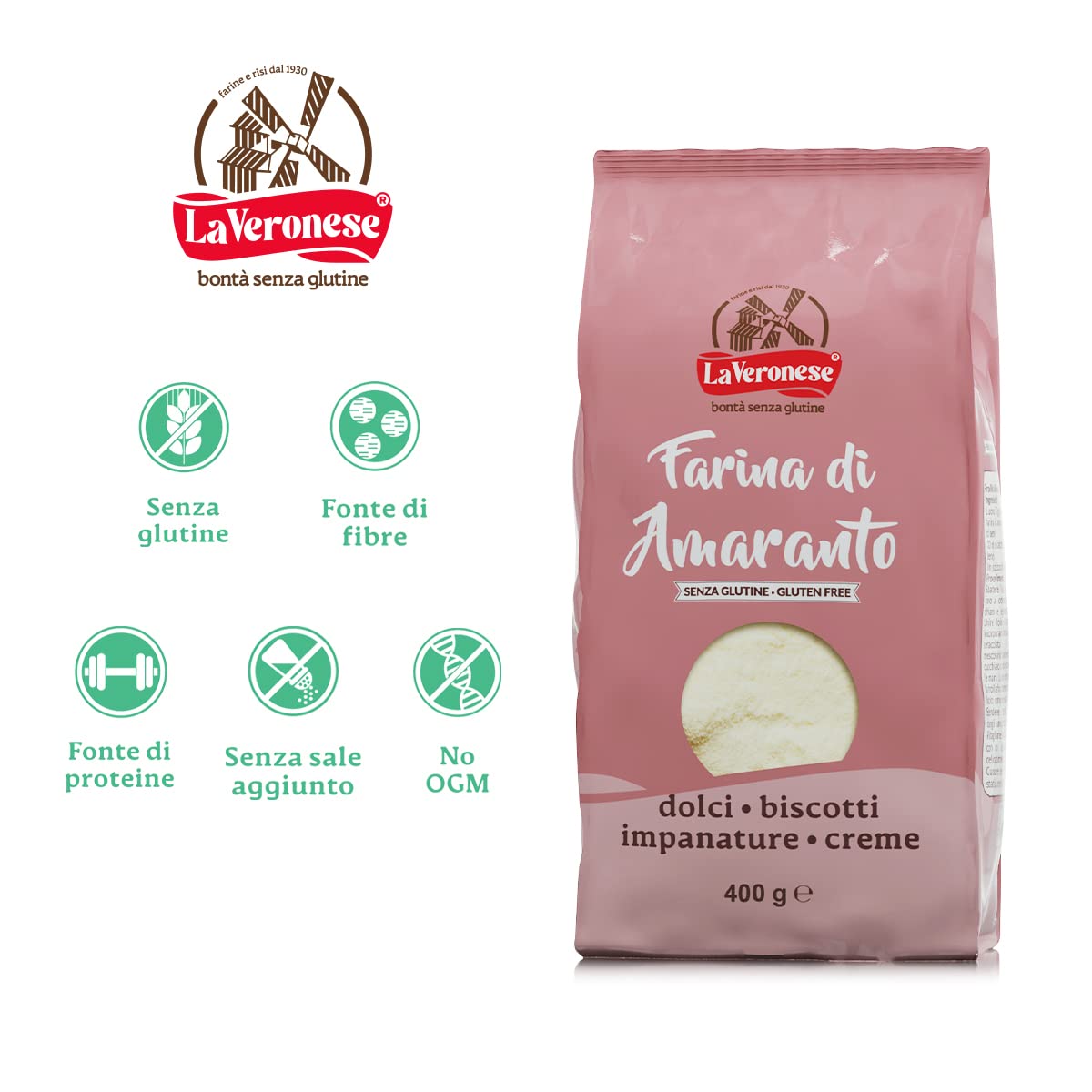 La Veronese | Farina di Amaranto, per Biscotti, Pane e Focacce, Senza Glutine, Ricca di Fibre e Proteine, Alimento Altamente Digeribile, Fortemente Aromatica, 4X400g