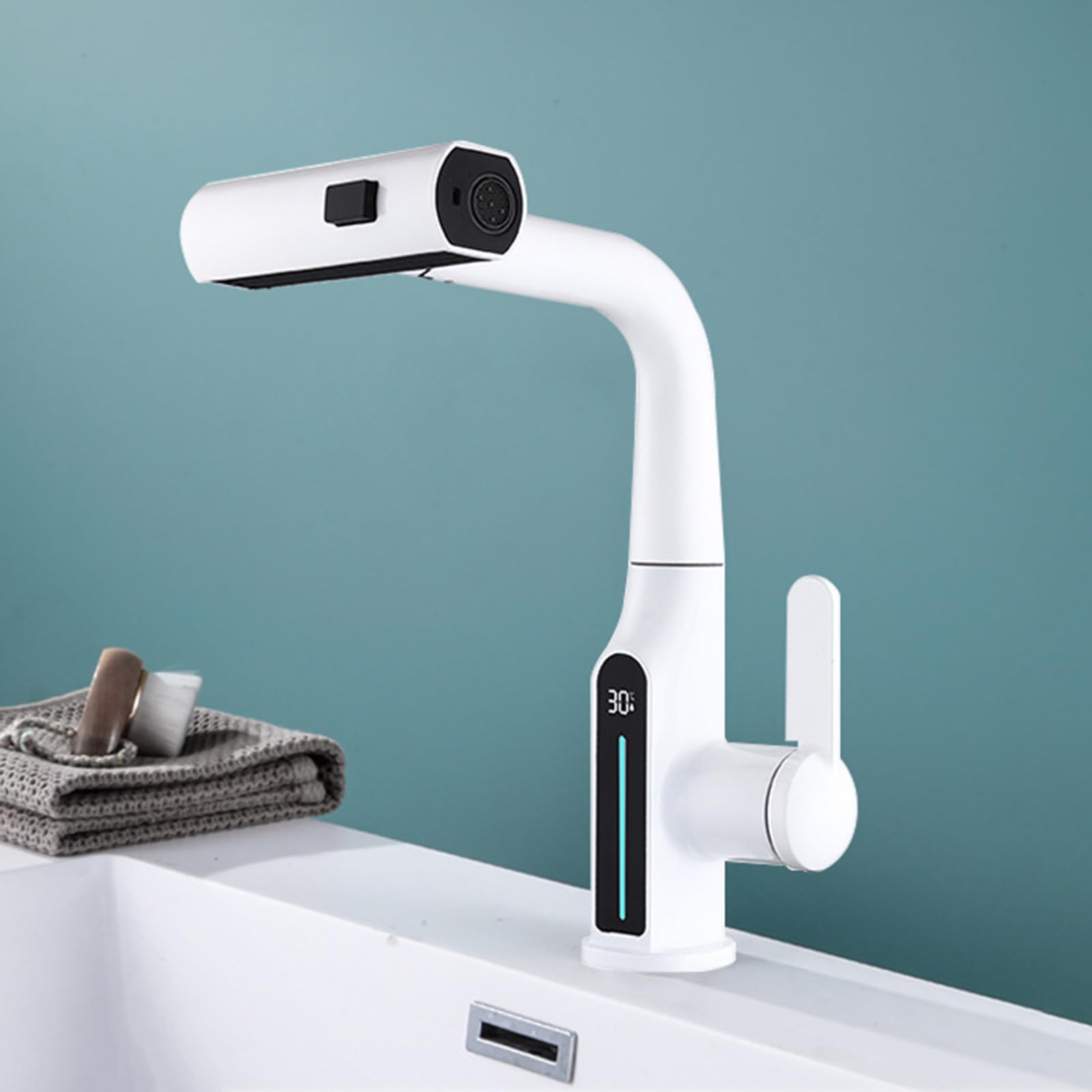 Generico Rubinetto da Bagno Rubinetto Miscelatore per Lavabo Cascata con Doccetta Estraibile Rubinetto Miscelatore Monocomando per Lavabo con Display Digitale Bianco