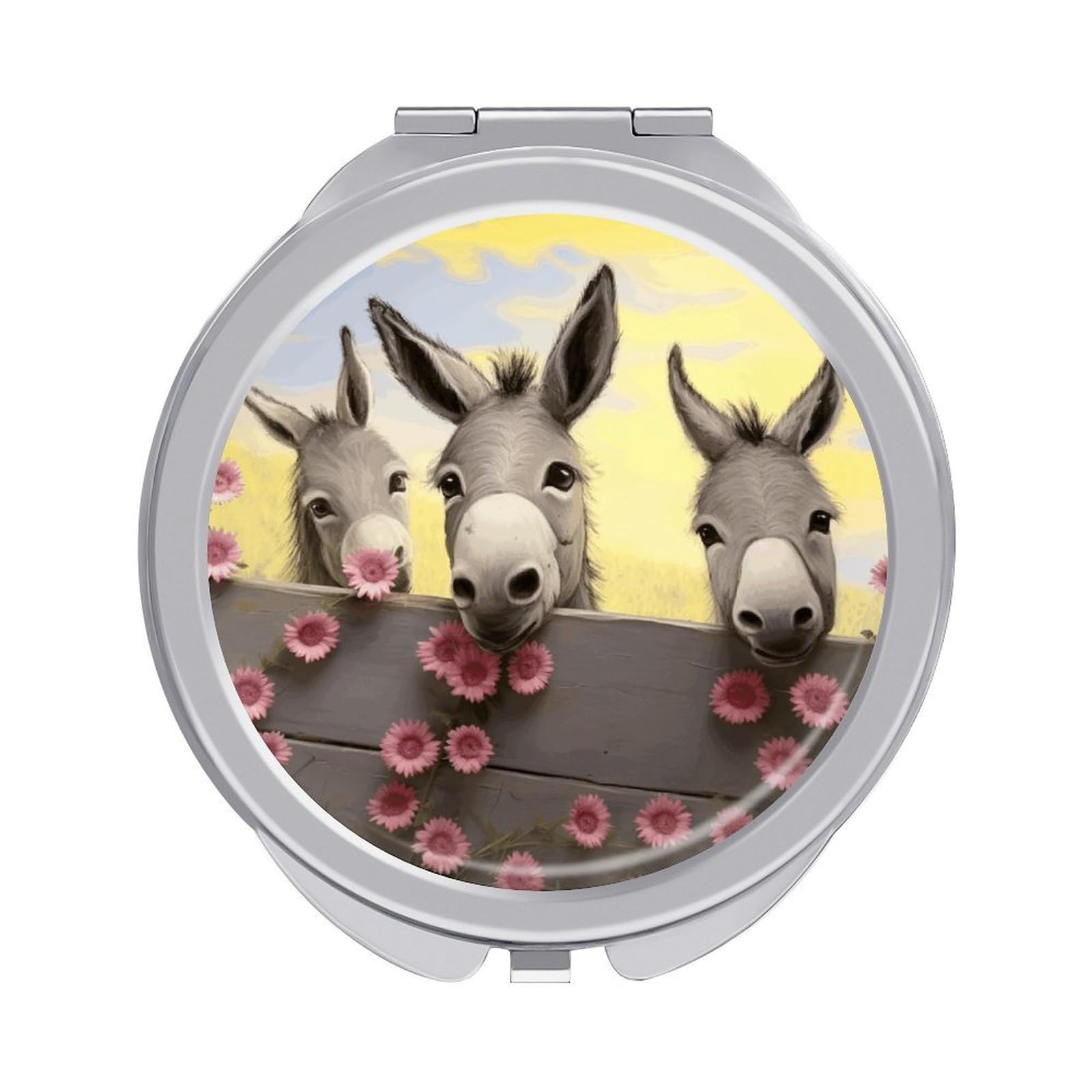 FekiLoot Donkey and Flower Makeup Mirror Compact Round Travel Makeup Mirror Portable Folding Handheld Pocket Mirrors for Handbag and Purses Gift Mini Mirrors