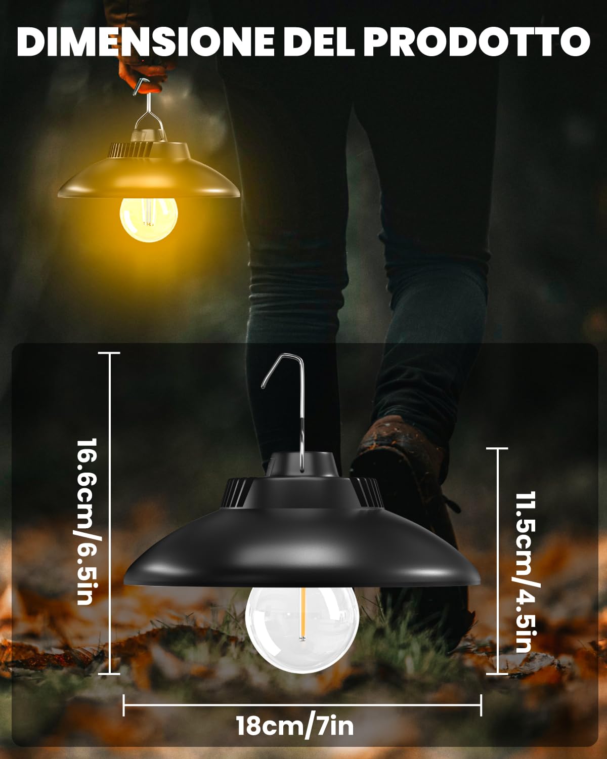 Lampada da campeggio ricaricabile, lampada da campeggio a LED con batteria da 2600 mAh, IPX4, impermeabile, luce da campeggio, 2 modalità di luce, lampada da appendere per campeggio