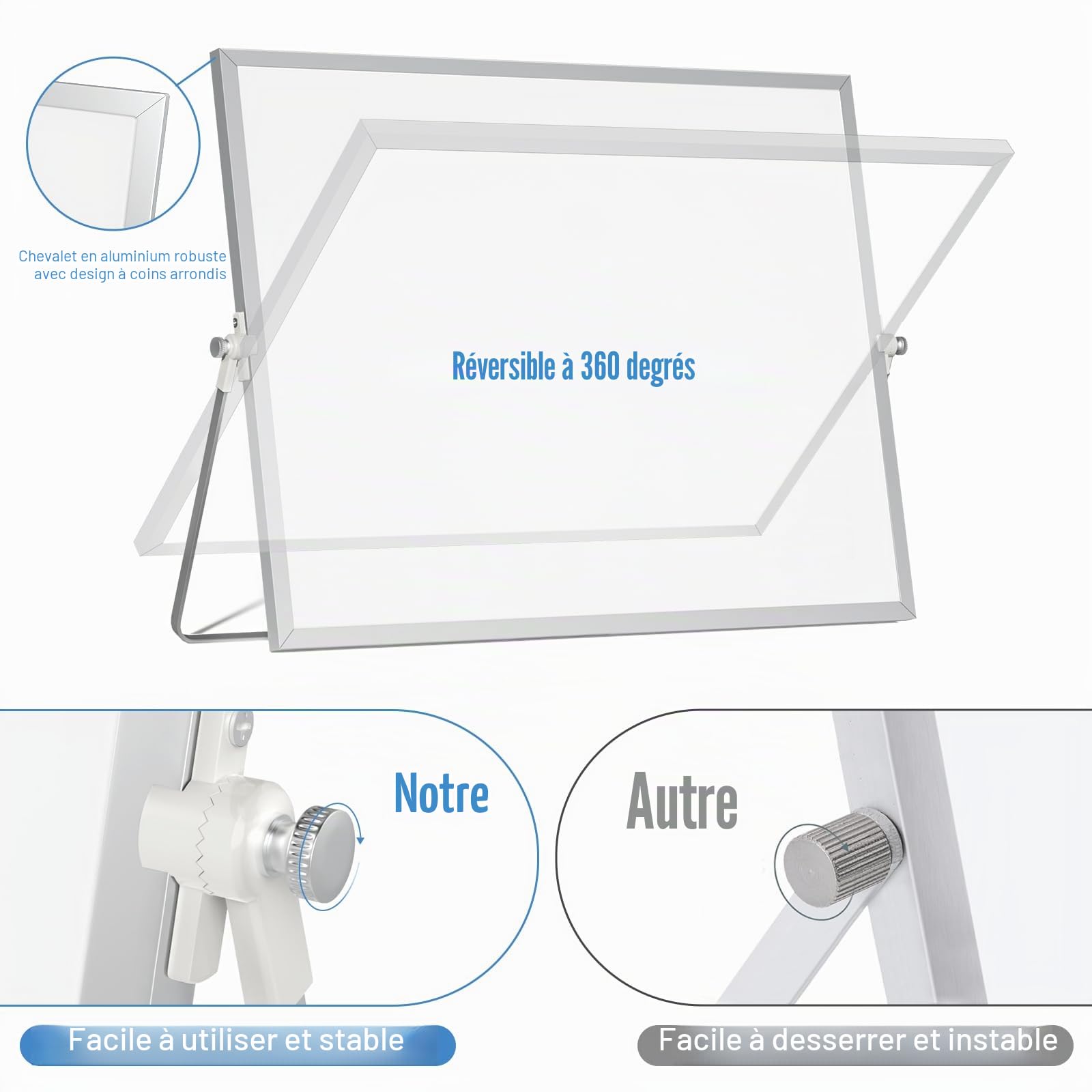 Tableau blanc magnétique effaçable à sec pour bureau avec support, 30 x 40 cm, double face à suspendre, chevalet de table portable pour la planification, les présentations et l'enseignement.