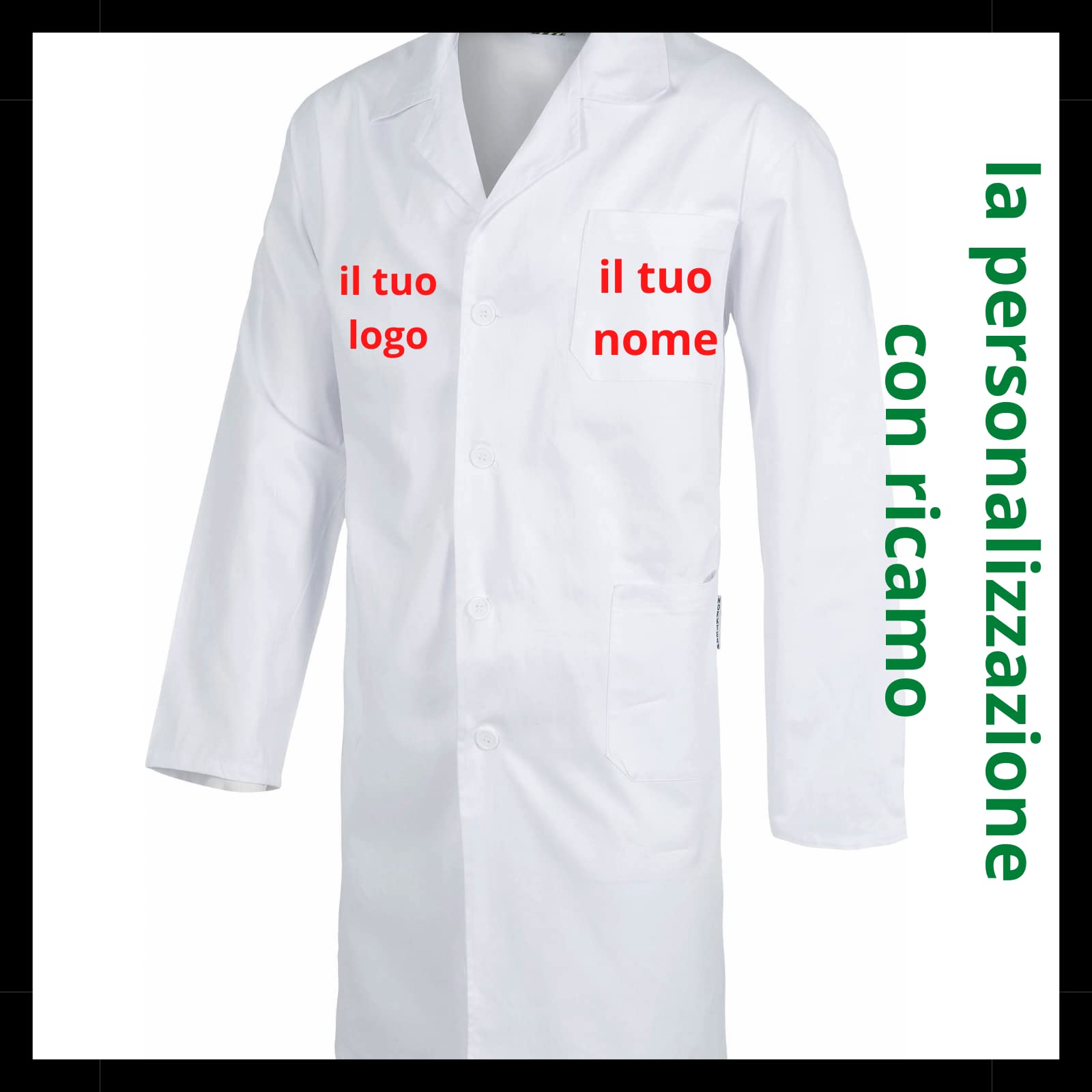 Generico Camice da Lavoro Laboratorio Uomo Donna Bianco Casacca Per Medico Farmacista Estetista Macellaio Massaggiatore Dentista,Personalizzato con logo e nome ricamato