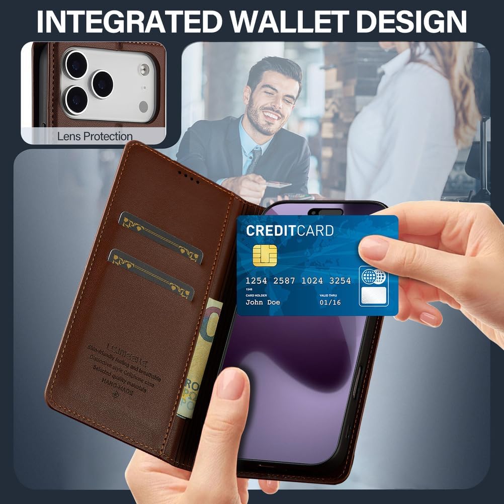 Flip Folio Case for iPhone 17 Pro Max/17 Pro/17 Air/17,All-Inclusive Protection Wallet Business Style Phone Case Leather All-Round Protection Anti-Fingerprint Cover(Brown,17 Pro)