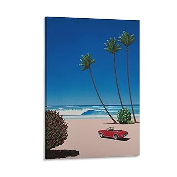 Amazon.co.jp: 画家永井博 夏のヤシの木と赤い車風景ポスター