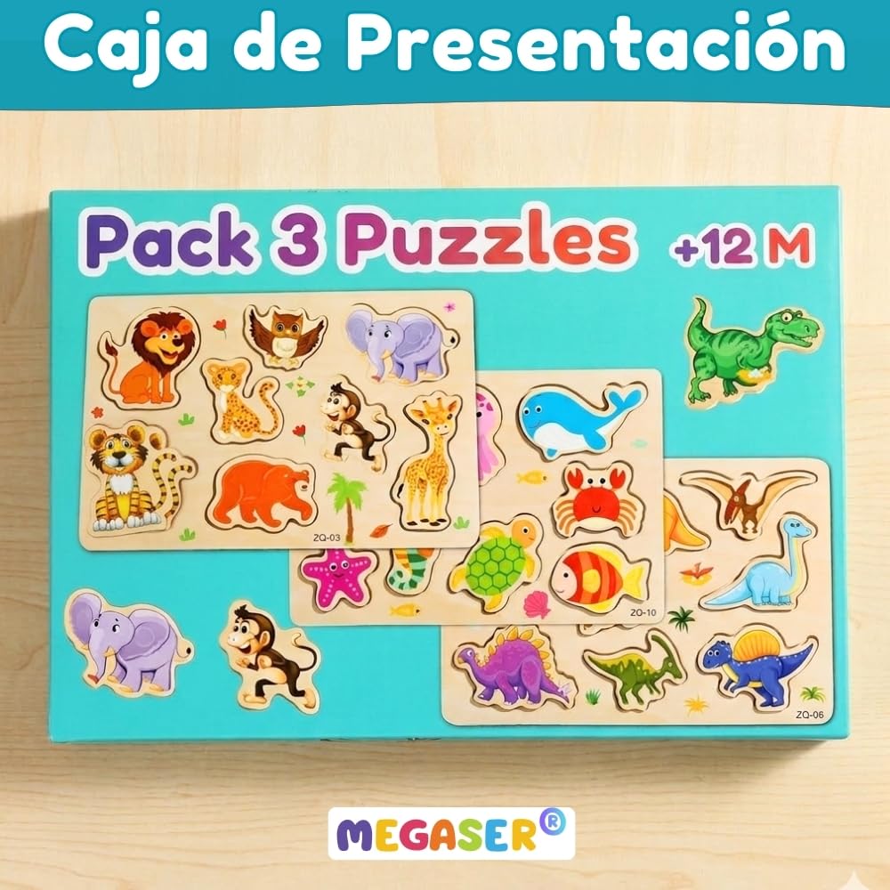 Pack 3 Puzzle Madera Niños y Niñas 1, 2 y 3 años, Puzzles Encajables 24 Animales Coloridos, Puzzle Madera Bebé 1 año, 2 años y 3, Guardería, Regalos Cumpleaños Infantil Educativos (Set 3 Puzzles)