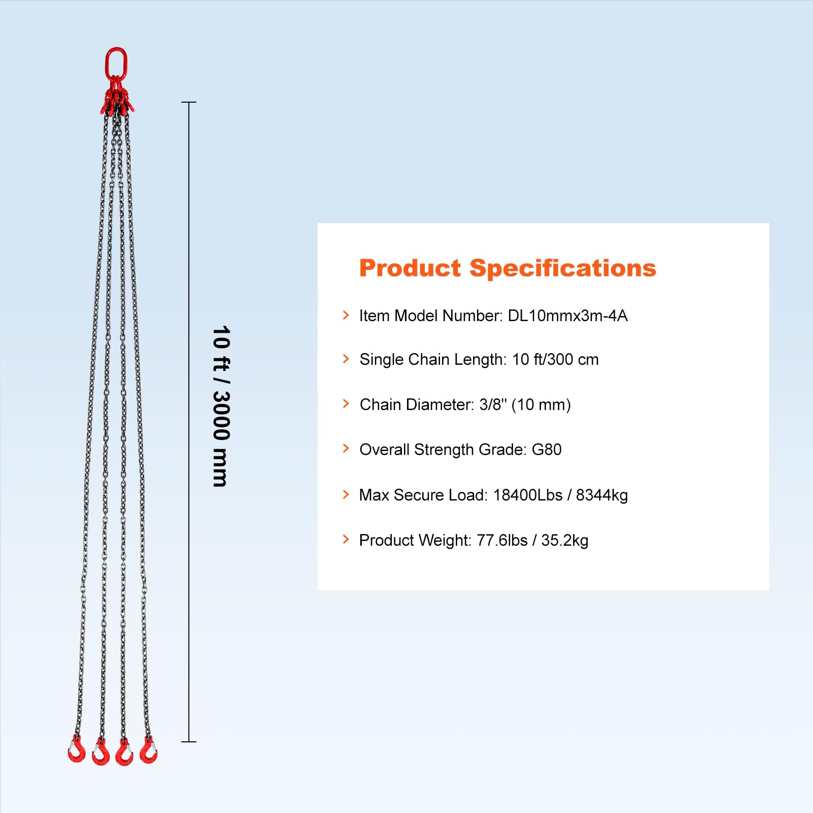 VEVOR Imbracatura a catena di sollevamento a 4 gambe con ganci regolatori, 10 mm x 300 cm, Capacità di carico 8344 kg, Grado 80 per Carrello elevatore, Paranco a motore, Banchina, Cantiere, Fabbrica