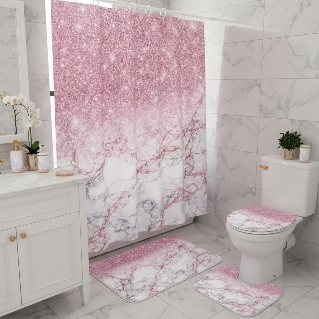 4Pcs Pink Glitter Marble Shower Curtain Sets, Romantic Gradient Sparkle Bathroom Decor Sets with Shower Curtain(70X70 inch), Toilet Lid Rug, Contour Mat and Bath Rug(17X29 inch) image 2