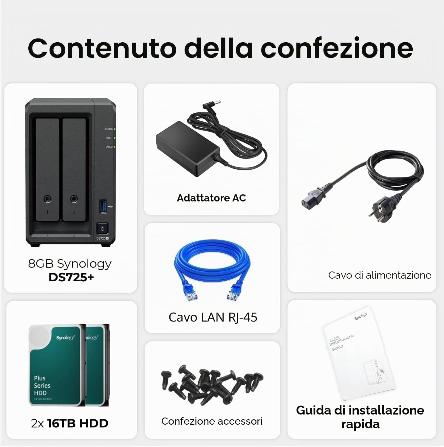 Synology DS725+ 2 sloti 32GB RAM, AMD Ryzen R1600, preconfigurato con 16TB (2 x 8TB HDD), cache da 1TB (2 x 512GB NVMe) + SSD esterno 512GB