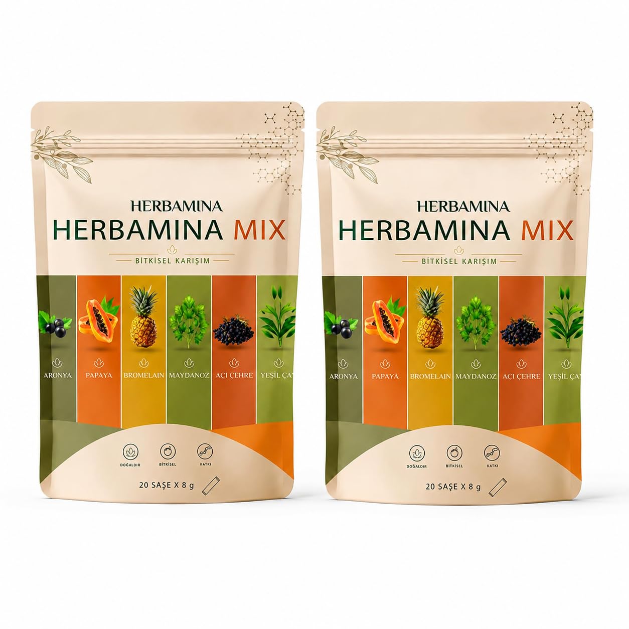 Herbamina Mix Bitkisel Karışım 2er Pack – 2 x 20 Sachets Kräutergetränk Pulver | Türkischer Bitki Çayı Mix | Frucht- & Pflanzenextrakte | Heiß & Kalt Genießbar |