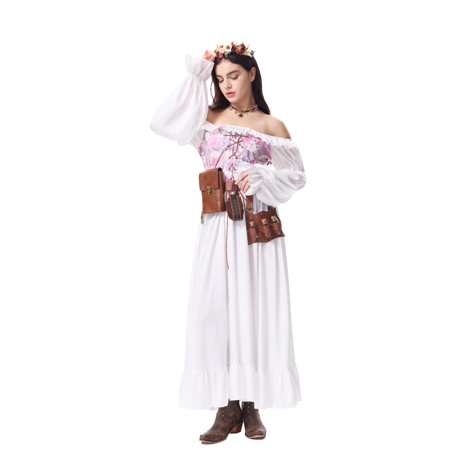 Ansenesna Halloween Kostüm Damen Piratenkostüm Damen Komplett Set | Mittelalter Kleidung Mieder Renaissance Gothic Kleid Vintage Korsett Kleid Elegant Langarm Schulterfrei Faschingskostüme