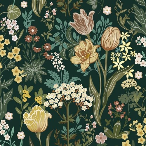 Green Floral Peel and Stick Wallpaper Vintage 472.4inL 17.3inW Boho Contact Paper for Cabinets and Drawers Dark Flower Leaf Self Adhesive Wallpaper for Bedroom Bathroom Waterproof Decor Nursery