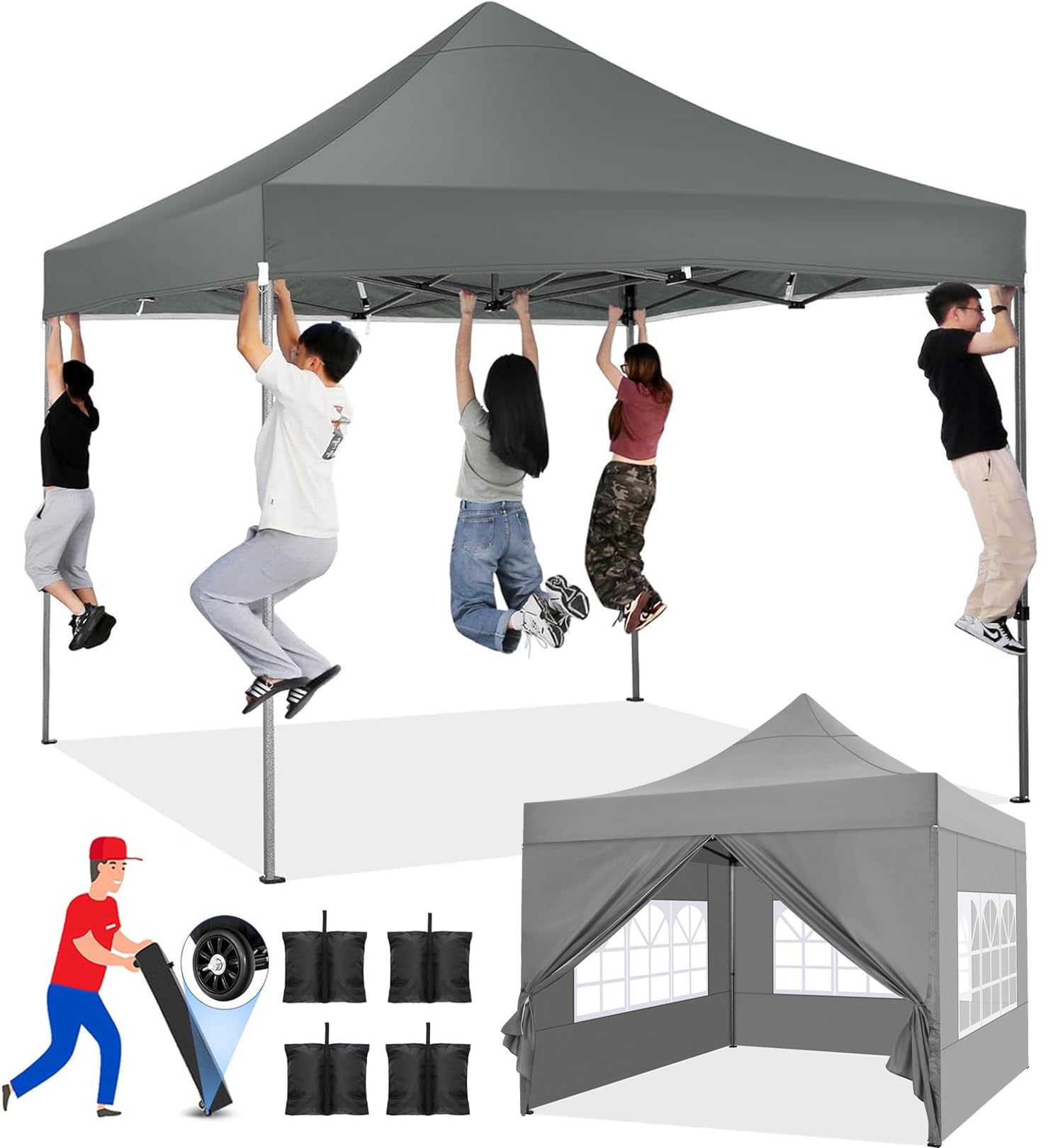 COBIZI Pop up Canopy Tent 10x10 Heavy Duty Gazebo with 4 Sidewalls, UPF 50+ All Weather Waterproof Commercial Outdoor Wedding Party Tents Canopy with Roller Bag,Gray