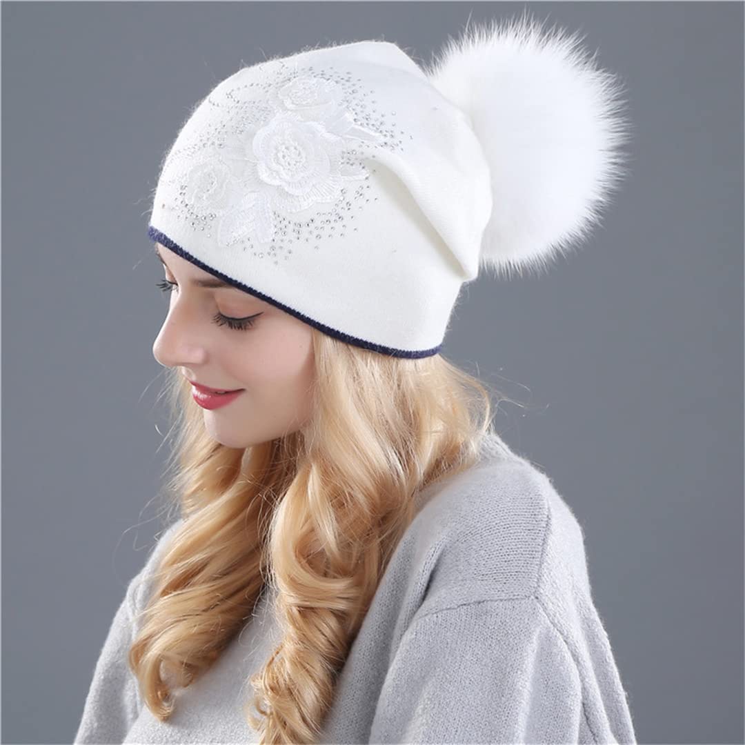 Sombrero de Punto de Lana de Piel de Conejo de Invierno para Mujer, Gorros de visón cálidos para Mujer White
