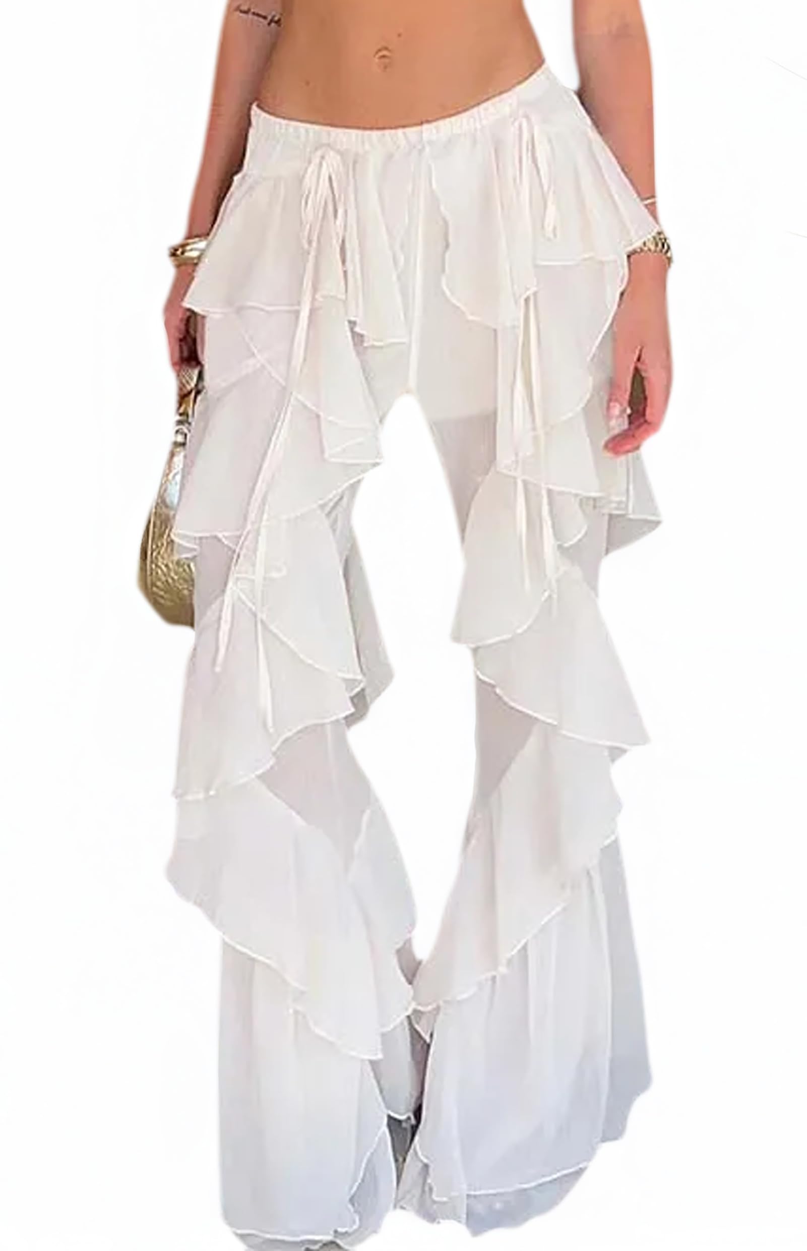 Womens Ruffle Bell Bottom Sheer Mesh Pants Swimsuit Bottom Cover Up Pants Festival Party Club Concert Outfits