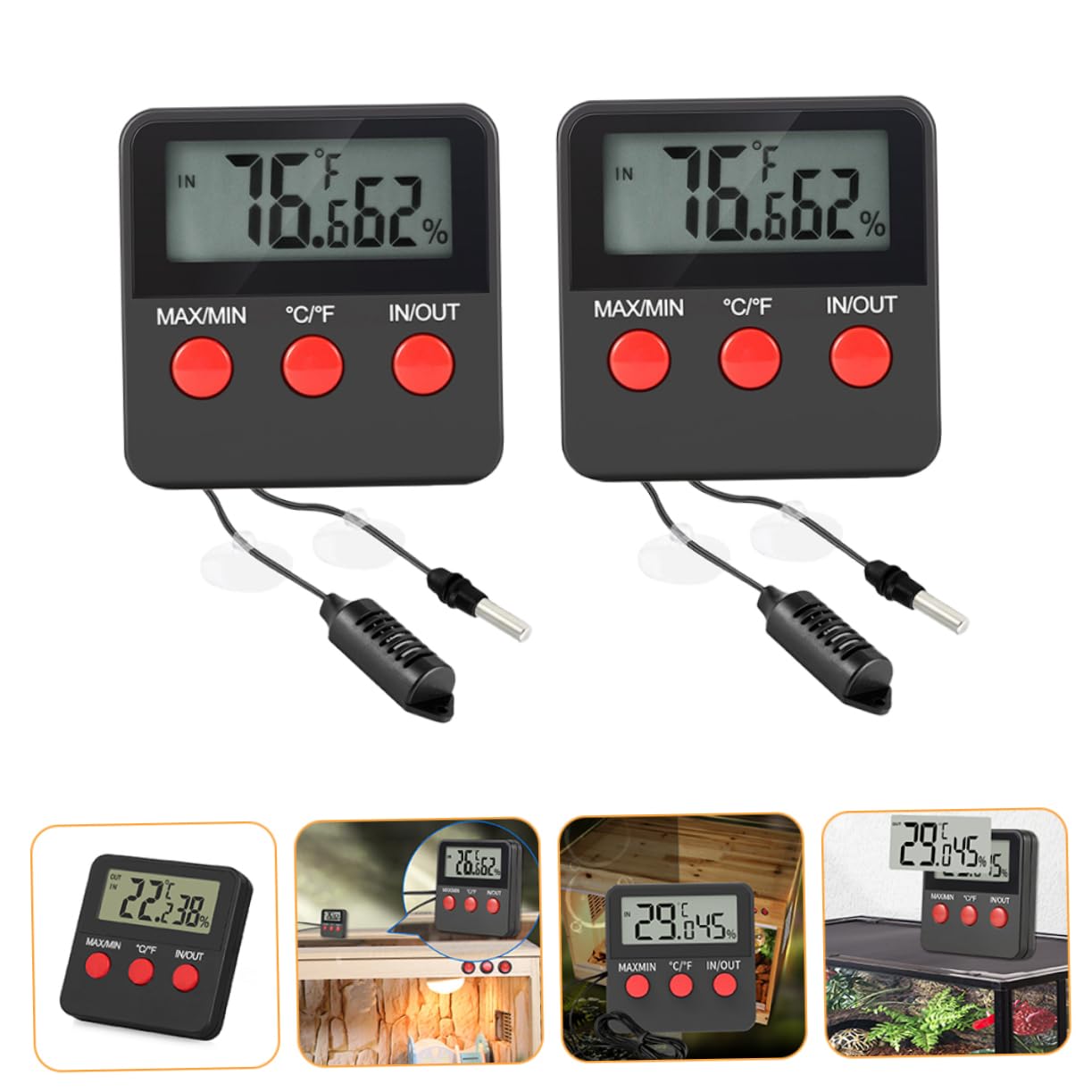 Termómetro Digital para Acuario de Reptiles Medición de Humedad, 2 Juegos | Abs Negro, Soporte Clip Trasero, Superficie Lisa y Bordes Redondeados, para Caja de Cría y Caja de Reptiles