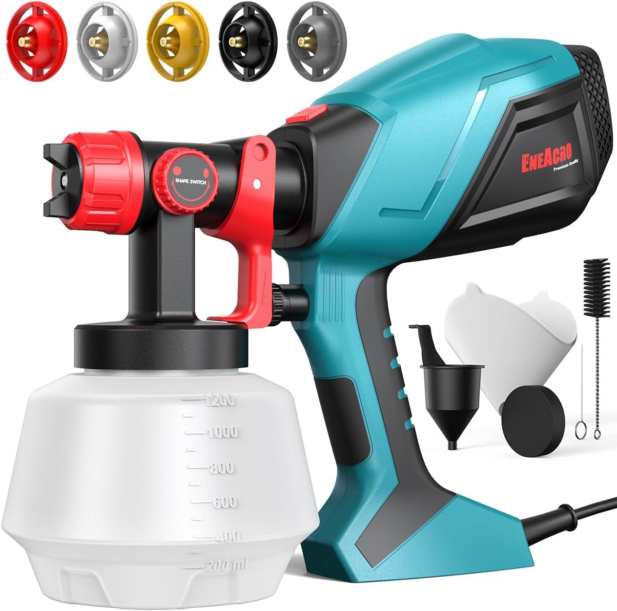ENEACRO HVLP Pistola de Pintura, 720W Pulverizador Eléctrico con Contenedor de 1200ml, Flujo y Ángulo de Rociado Ajustables, 5 Boquillas de Latón para Interiores y Exteriores