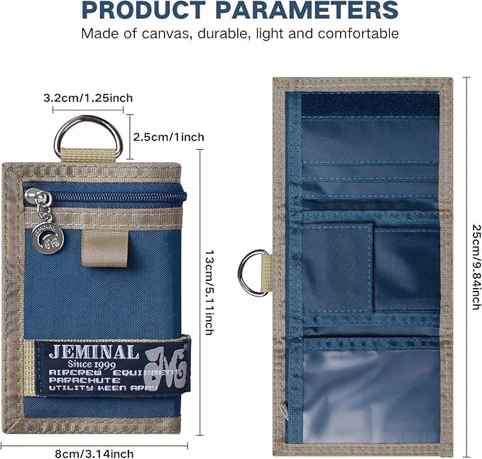 JEMINAL Trifold Wallet for Men Canvas Outdoor Sports Keychain Wallet with Multiple Card Slots and ID Window Blue - Image 4