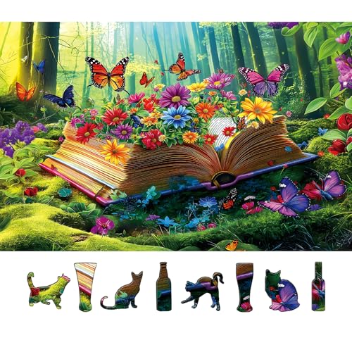 Image of Vibrant Flowers Book 500 Piece Jigsaw Puzzle for Adults Magical Forest Scene Enchanted Garden & Butterflies Funny Colorful Challenging 500-Piece Puzzle for Family Game Night(23 inchx15 inch)