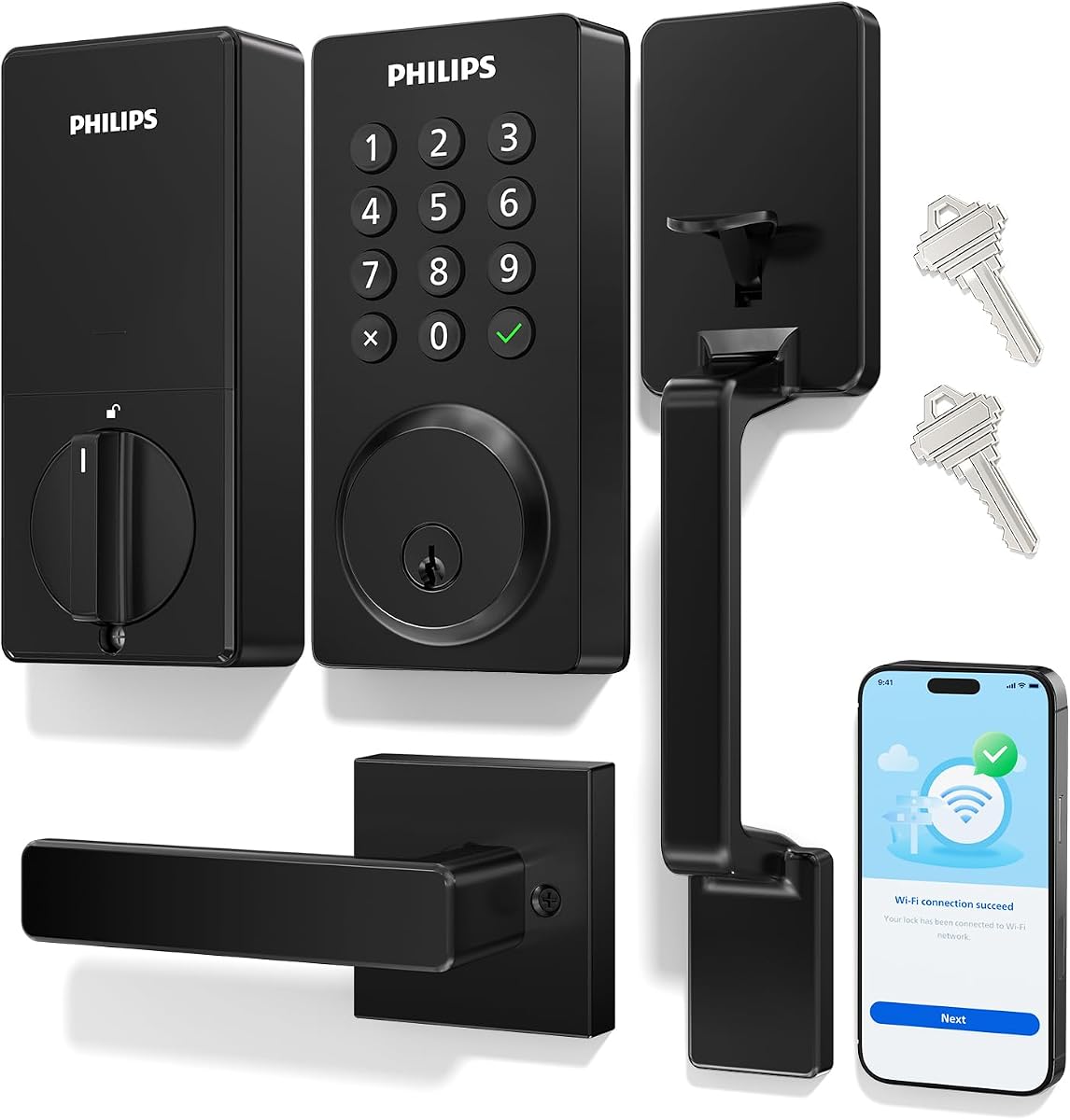 Wi-Fi Smart Front Door Lock Set, Keyless Entry Door Lock with Handle, App Remote Control, Electronic Keypad Deadbolt, Auto Lock, Supports Alexa & Google, Anti-Peeping Password, Easy Install