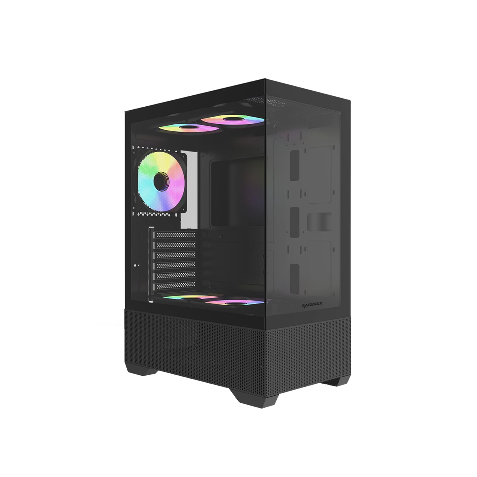 Raidmax I802 Mesh Air Flow Compact Panoramic ATX Mid Tower Case – 270° View Tempered Glass, 5X Pre-Installed 120mm Static RGB Color Fans, Supports ATX/Micro ATX Motherboards, Max 340mm GPU (Black)