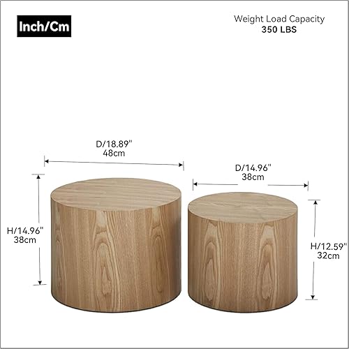 Miniatura 2 de Juego de 2 mesas auxiliares de tambor de madera, modernas mesas de centro redondas anidables y mesa auxiliar para sala de estar, dormitorio, sin