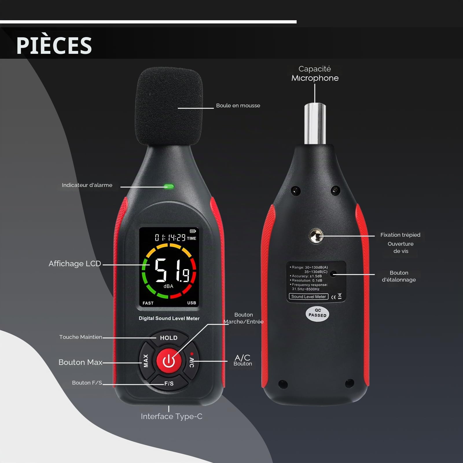 Testeur de niveau sonore avec enregistreur de données portable, sonomètre avec enregistrement de 31 000 données et exportation, sonomètre rechargeable avec sortie fréquence CA/CC, alarme 3 couleurs