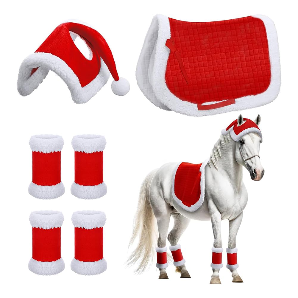 Cymwer 6Pcs Christmas Santa Red Horse Hat & Leg Wraps & Horse Saddle with