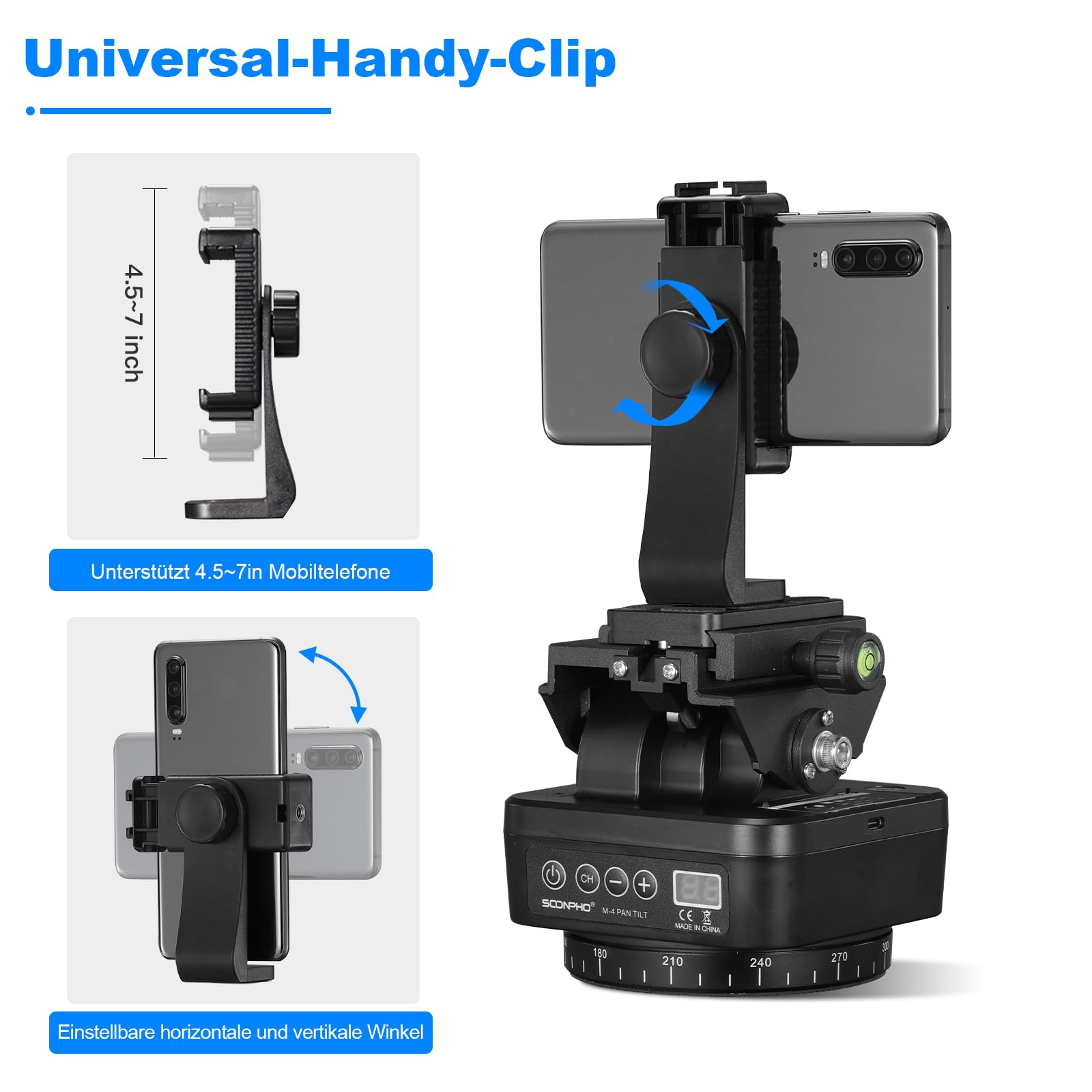 Soonpho M4 Panorama Stativkopf Motorisierter Kopf Kameras Remote Control Pan Tilt Motorized Head 360 Grad Erehbarer Elektrischer mit Telefonklemme und Fernbedienung für DSLR-Kameras,Smartphones