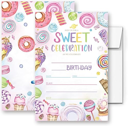 Candyland - Tarjeta de invitaciones para fiestas de cumpleaños para niños, fiesta de dulces dulces, invitación de cumpleaños de Candyland (079) disponible en Yaxa Guatemala