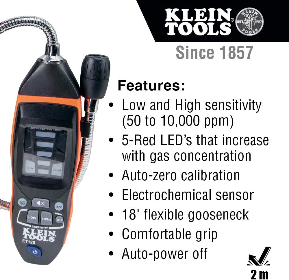 Review Product Klein Tools ET120 Gas Leak Detector, Combustible Gas Leak Tester with 18-Inch Gooseneck Has Range 50 - 10,000 ppm, Includes Pouch, Batteries