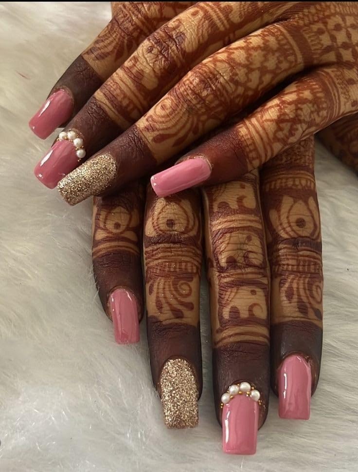 FWS Artificial Bridal Nails Art Set, Reusable Stick On Nails Glossy Pink With Glitter Ombre Shape Coffin (Set Of 20) With Nail Glue, Nail file, cuticle pusher, cleaning wipe (Rose Glitter)