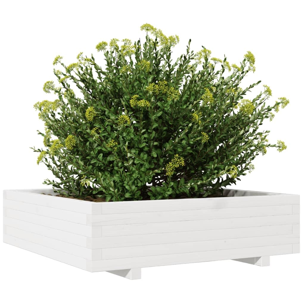 Macetero blanco de madera maciza de pino, 90 x 90 x 26,5 cm, bancal alto con drenaje para jardín, balcón, terraza, interior y exterior, como maceta y jardinera con almacenamiento de agua