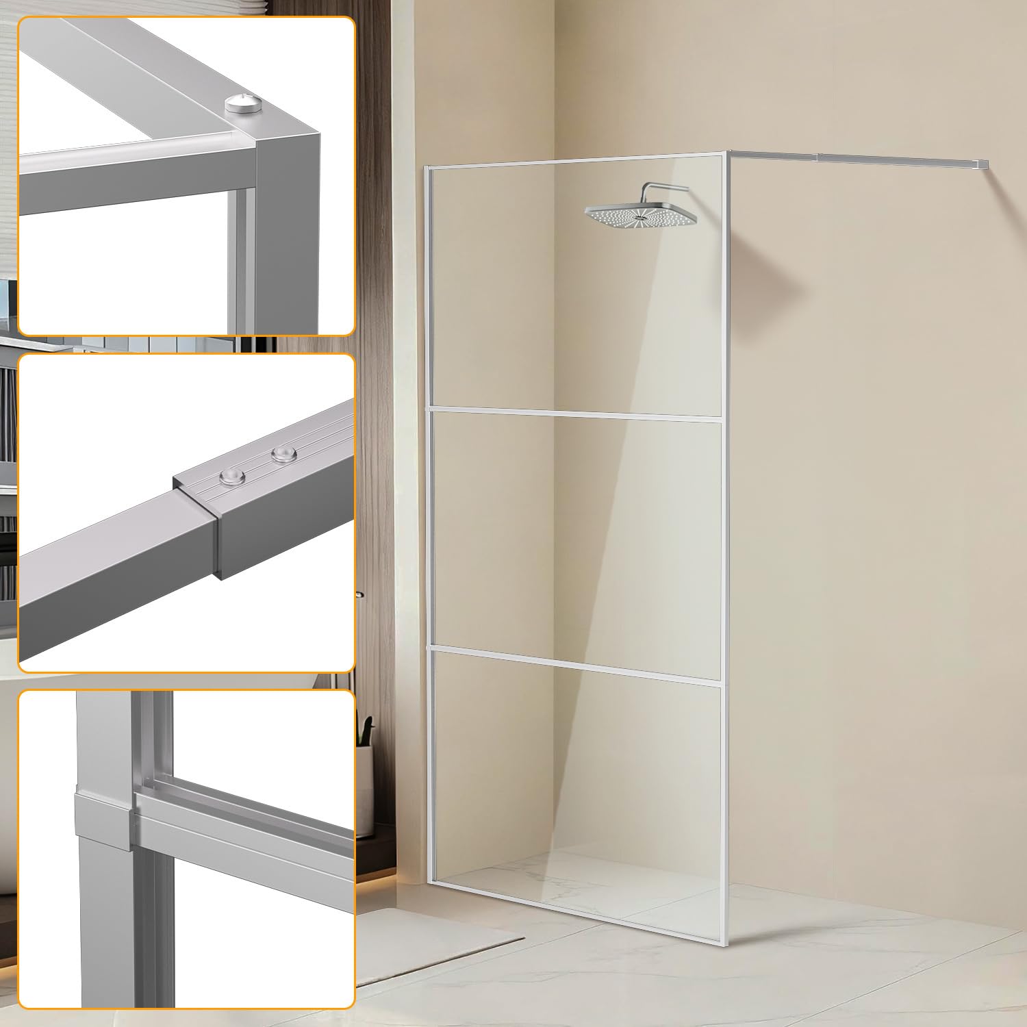 Paroi de douche Walk In 120x200 cm en argent brillant, construction à 3 segments, verre de sécurité ESG de 5 mm, montage gauche/droite, structure stable pour salles de bains modernes