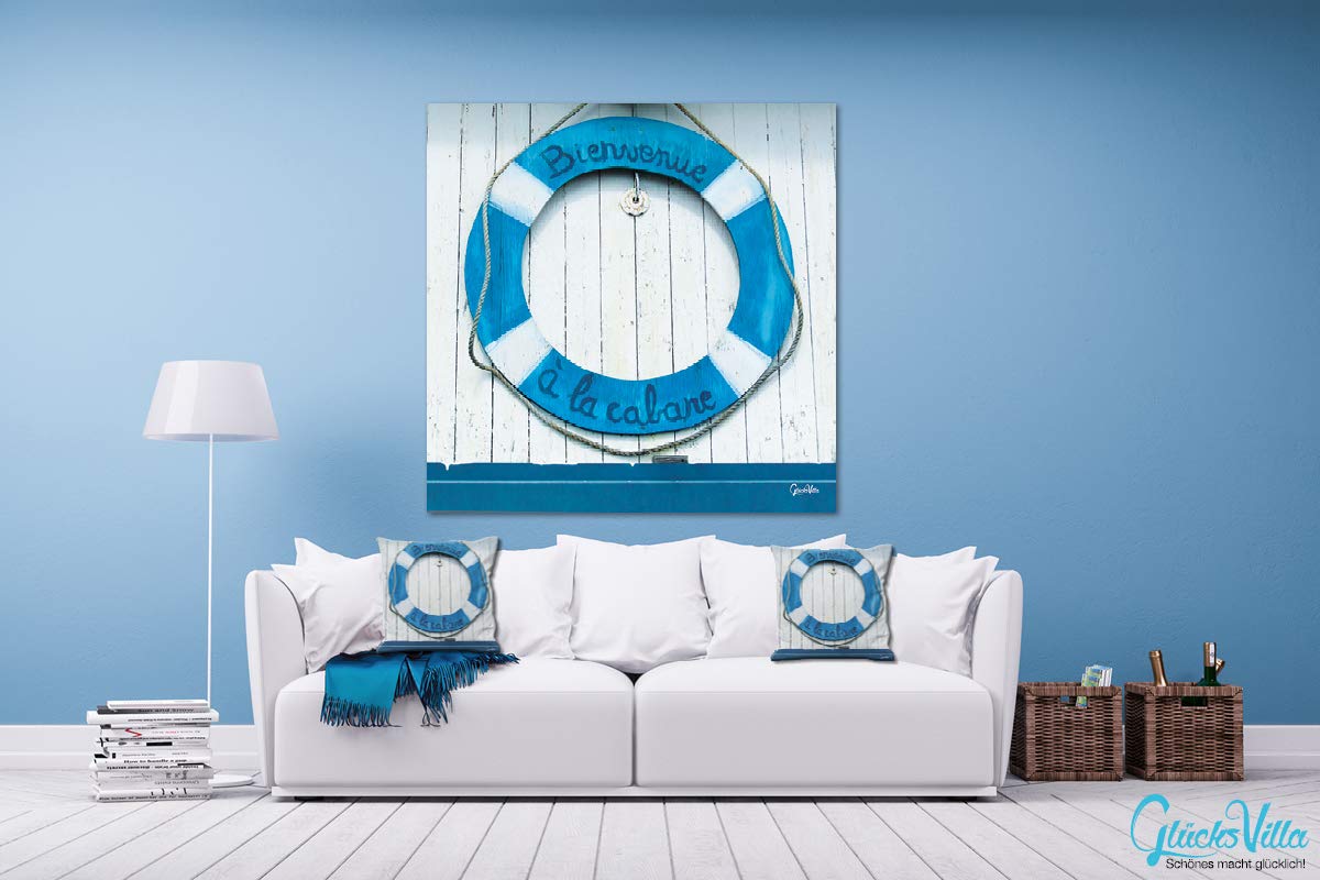Bienvenue - Foto-Kissen-Hülle Set (2 STK.) 40 x 40 cm | Kissen-Bezüge - passend zu Wandbild - Deko-Kissen - Rettungsring willkommen maritim