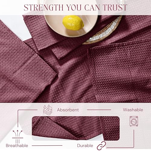 Image of Burgundy Kitchen Towels - Waffle Weave, 100% Cotton, Soft & Absorbent, Fast Dry, Durable, 16x26 Inches, Perfect for Dish Drying, Bar, Cleaning, Hand Wipe and Everyday Use, Set of 4