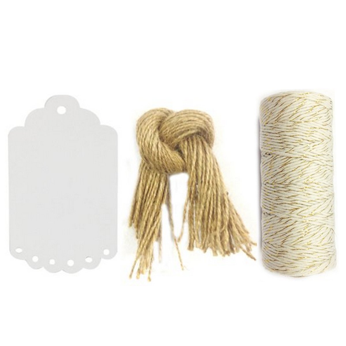 Etiquetas de regalo kraft con algodon baker's twine blanco y oro premium