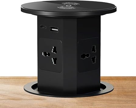Pro Pop-Up Outlet, 15W Qi Wireless Charger, 4-Way Power Hub, 2500W, IP44 Waterproof, Overload Protection, Hidden Installation,Black
