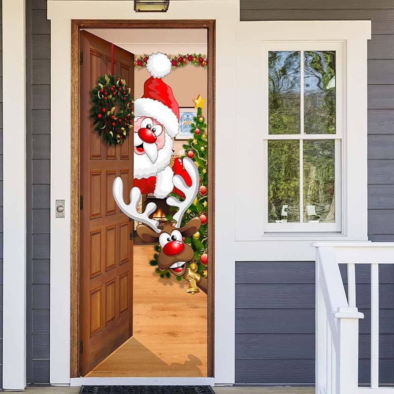GAOCUNBING 2024 Christmas Front Door Decorations Cover, Christmas Fabric Door Cover with Elastic, Hanging Banner for Front Door, Holiday Front Door Cover Decor A,50X120cm