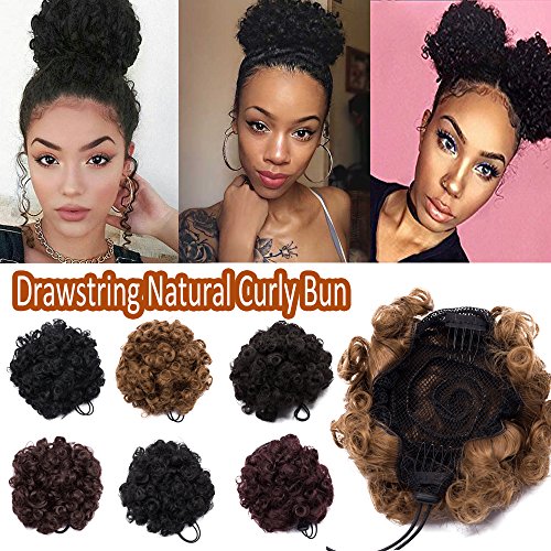 Elailite Kinky Curly Synthetic Puff Ponytail Hair Bun for African American Women Drawstring Scrunchy Hairpiece with Clips Short Scrunchies 2 Pieces Black