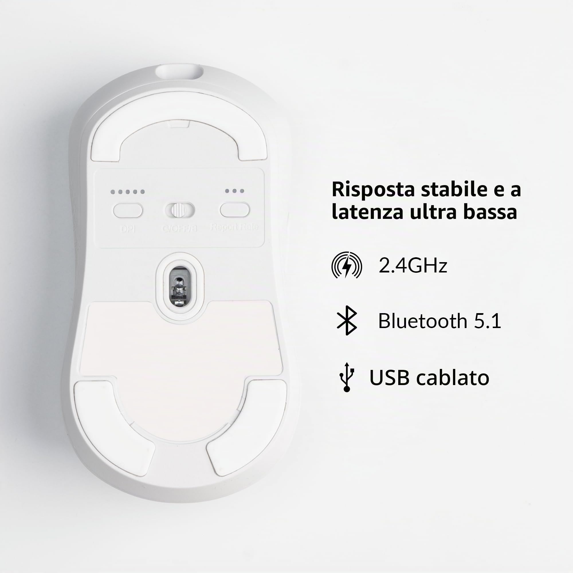 Keychron M3 Mini Mouse Ottico Senza Fili Bluetooth 5.1/2.4 Ghz/Wired Gaming Mouse, Sensore PixArt 3395 Programmabile fino a 26.000 DPI/650 IPS, Leggero Ergonomico per Windows Mac Linux - Bianco